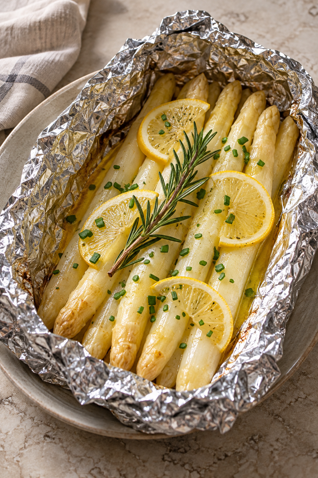 Weißer Ofenspargel mit Butter, Zitrone und Rosmarin im Folienpaket