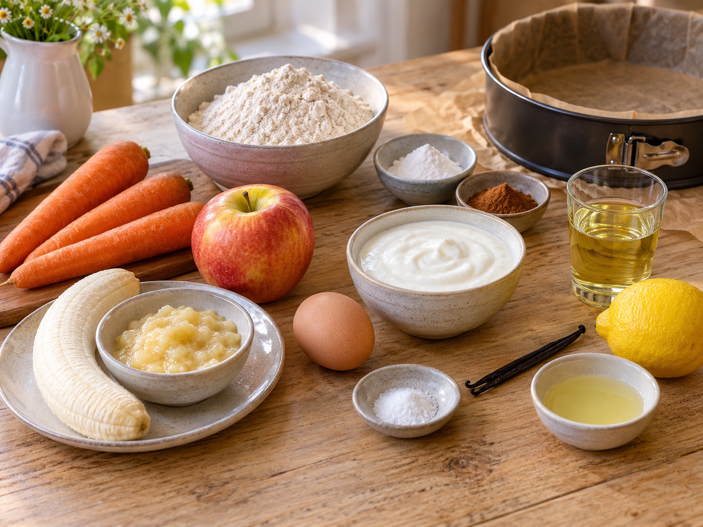 Zutaten für Apfel-Möhren-Kuchen ohne zugesetzten Zucker