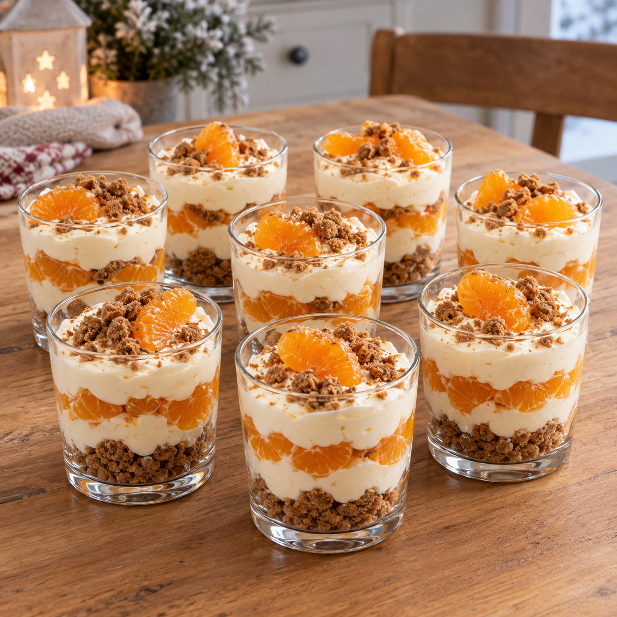 Acht Gläser Mandarinen-Spekulatius-Dessert mit Creme und Keksbröseln