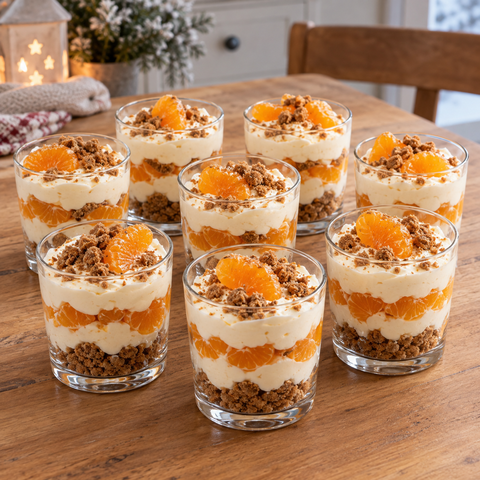 Acht Gläser Mandarinen-Spekulatius-Dessert mit Creme und Keksbröseln