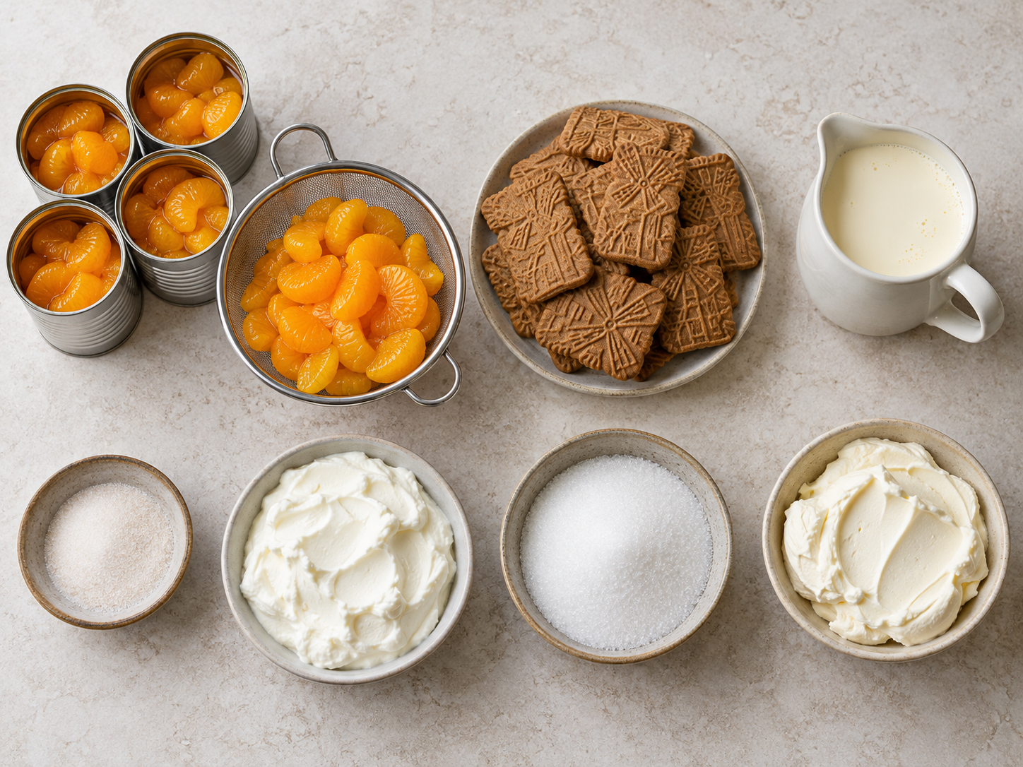 Sieben Zutaten für Mandarinen-Spekulatius-Dessert mit vier kleinen Mandarinendosen