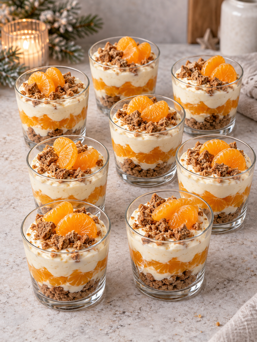 Acht fertige Gläser Mandarinen-Spekulatius-Dessert