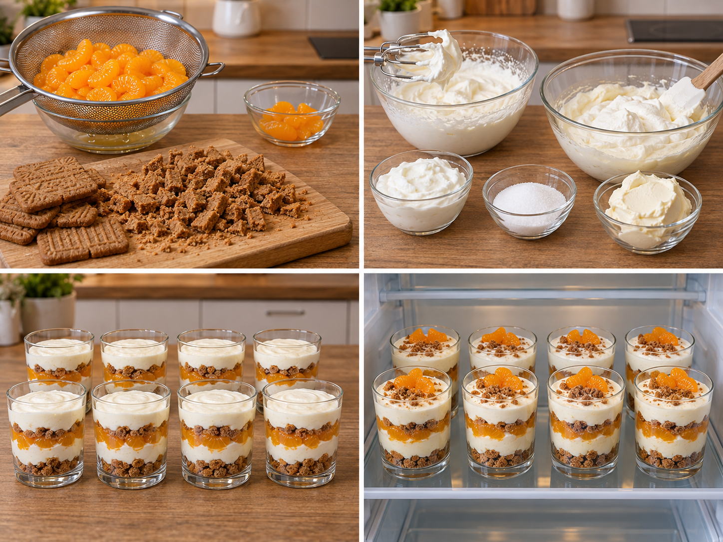 Vier Schritte für acht Gläser Mandarinen-Spekulatius-Dessert