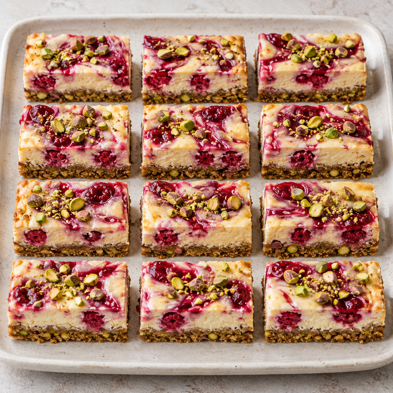 Zwölf Himbeer-Pistazien-Cheesecake-Riegel mit Fruchtwirbel und Pistazien