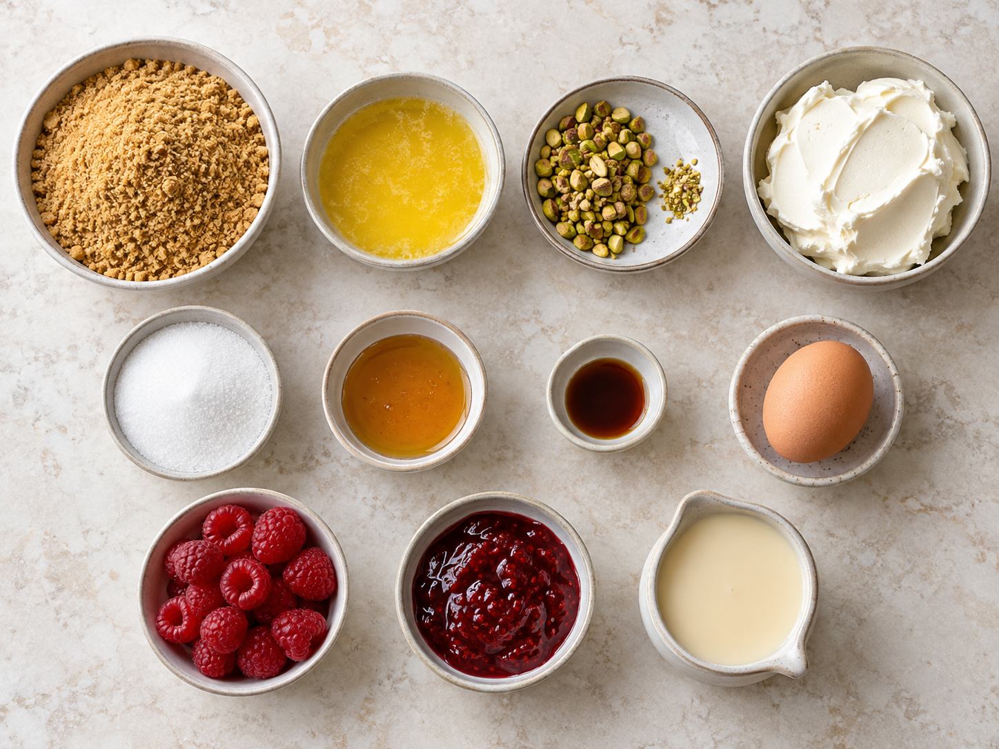 Elf Zutaten für Himbeer-Pistazien-Cheesecake-Riegel