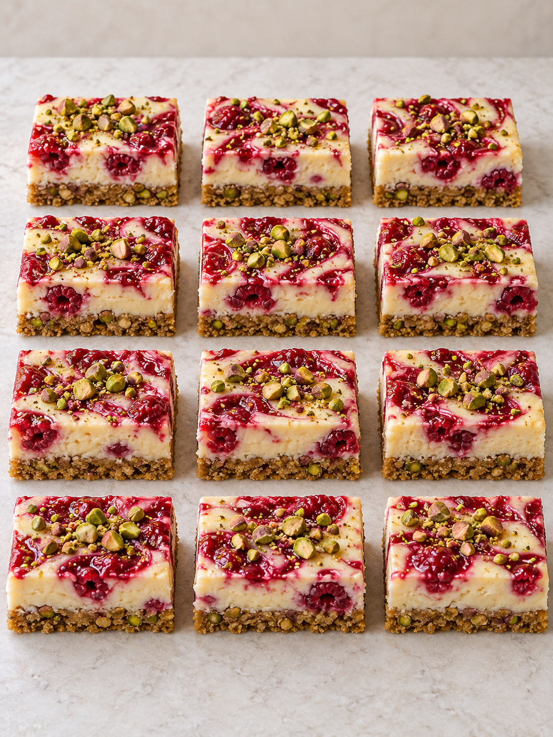 Zwölf fertige Himbeer-Pistazien-Cheesecake-Riegel
