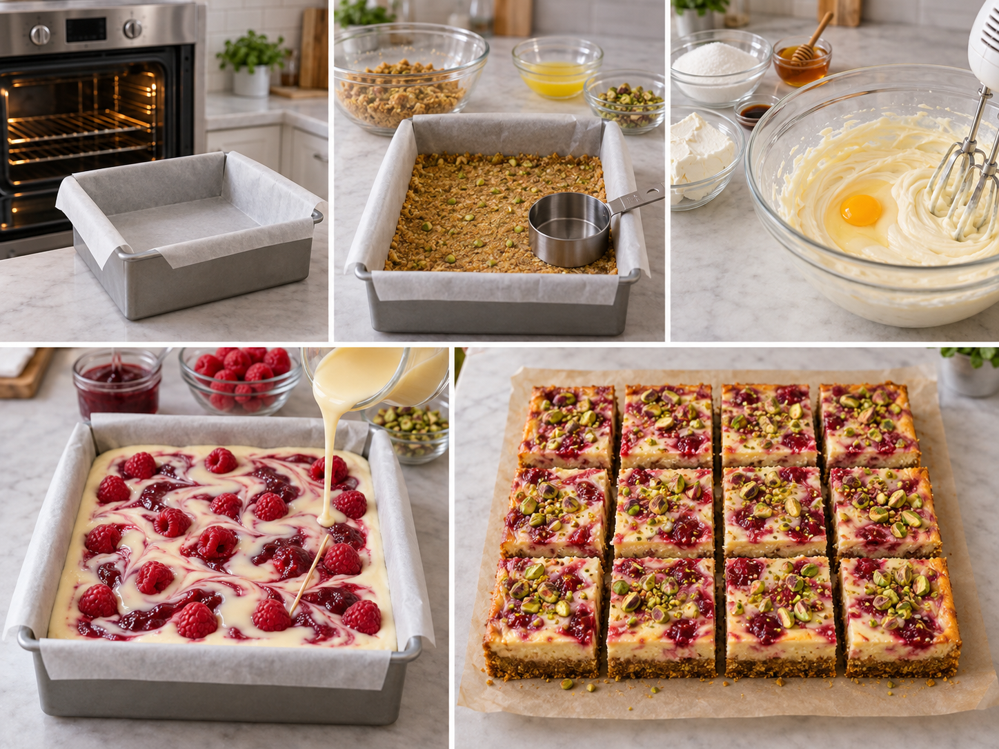 Fünf Schritte für zwölf Himbeer-Pistazien-Cheesecake-Riegel