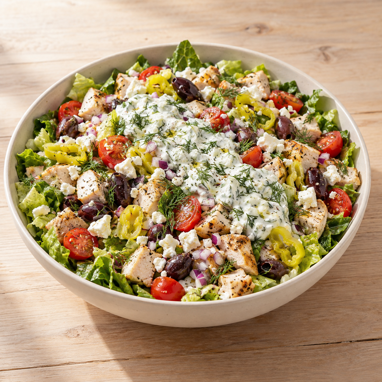 Mediterraner Tzatziki-Hähnchensalat mit Feta, Oliven und Tomaten