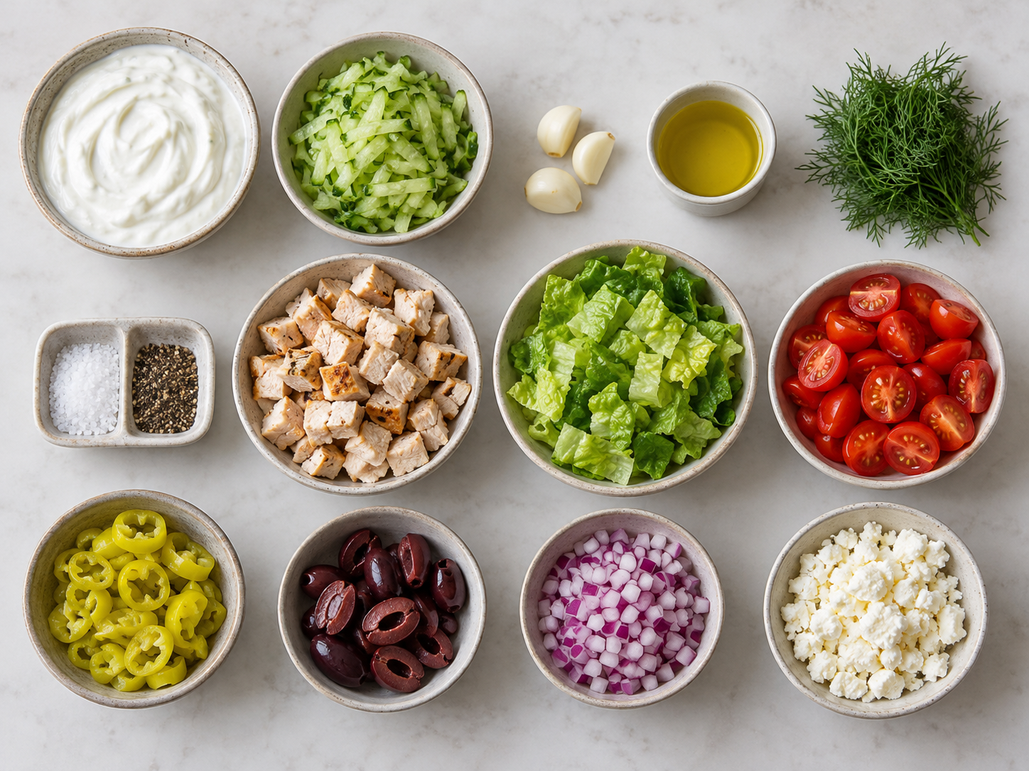 Dreizehn Zutaten für Tzatziki-Hähnchensalat