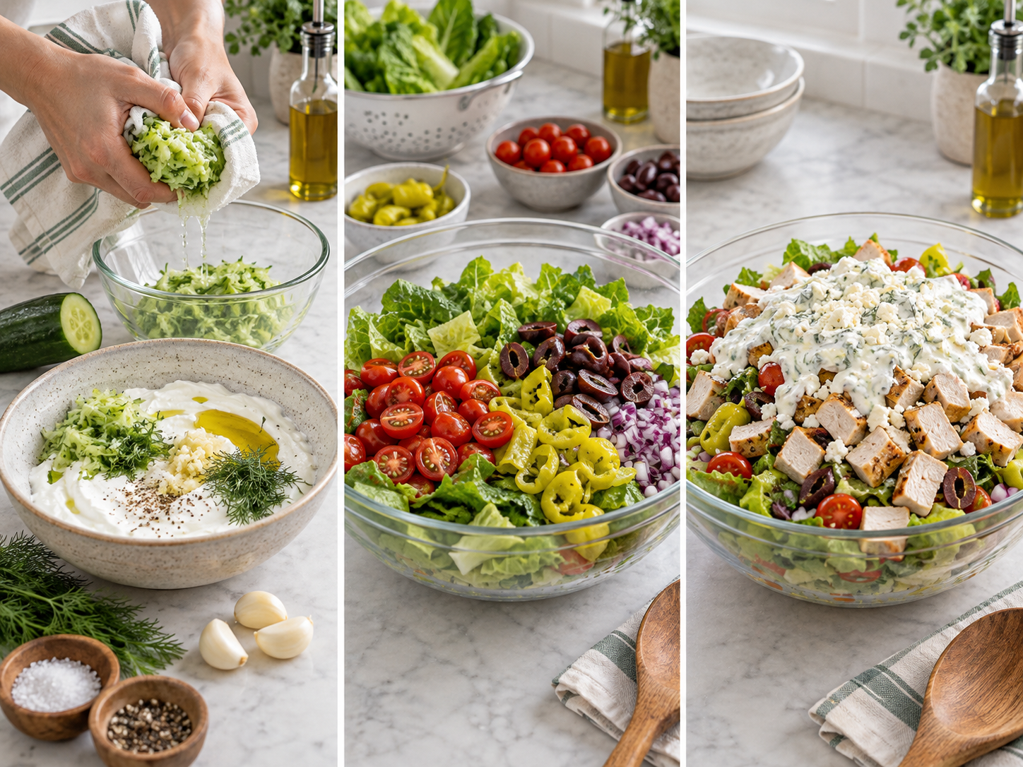Drei Schritte für mediterranen Tzatziki-Hähnchensalat