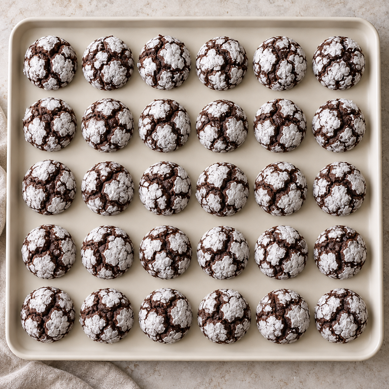 Genau dreißig Schoko Crinkle Kekse mit weißer Puderzuckerkruste