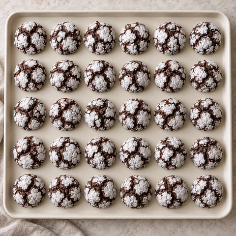 Genau dreißig Schoko Crinkle Kekse mit weißer Puderzuckerkruste