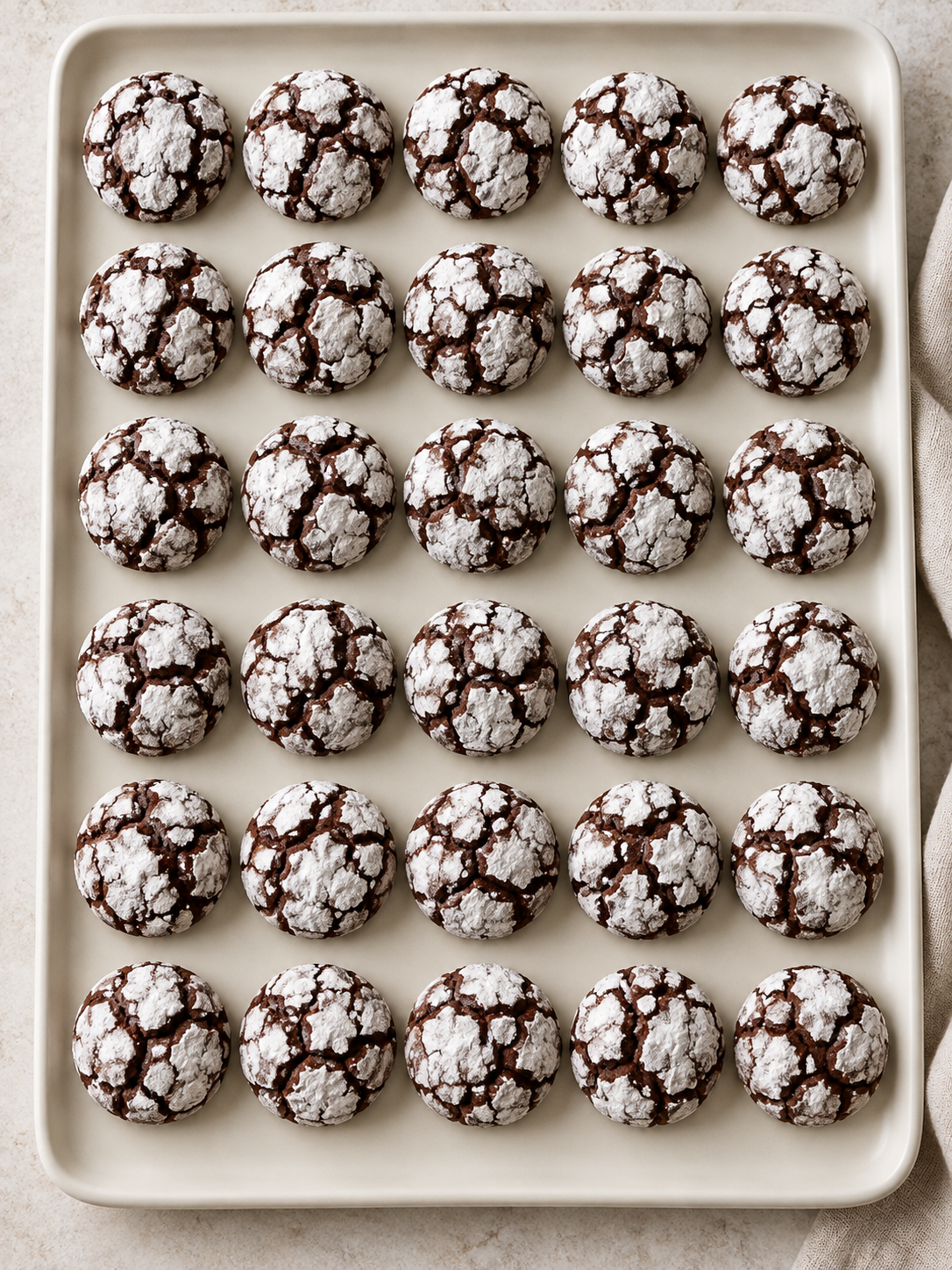 Dreißig Schoko Crinkle Kekse mit dunklen Rissen und Puderzucker