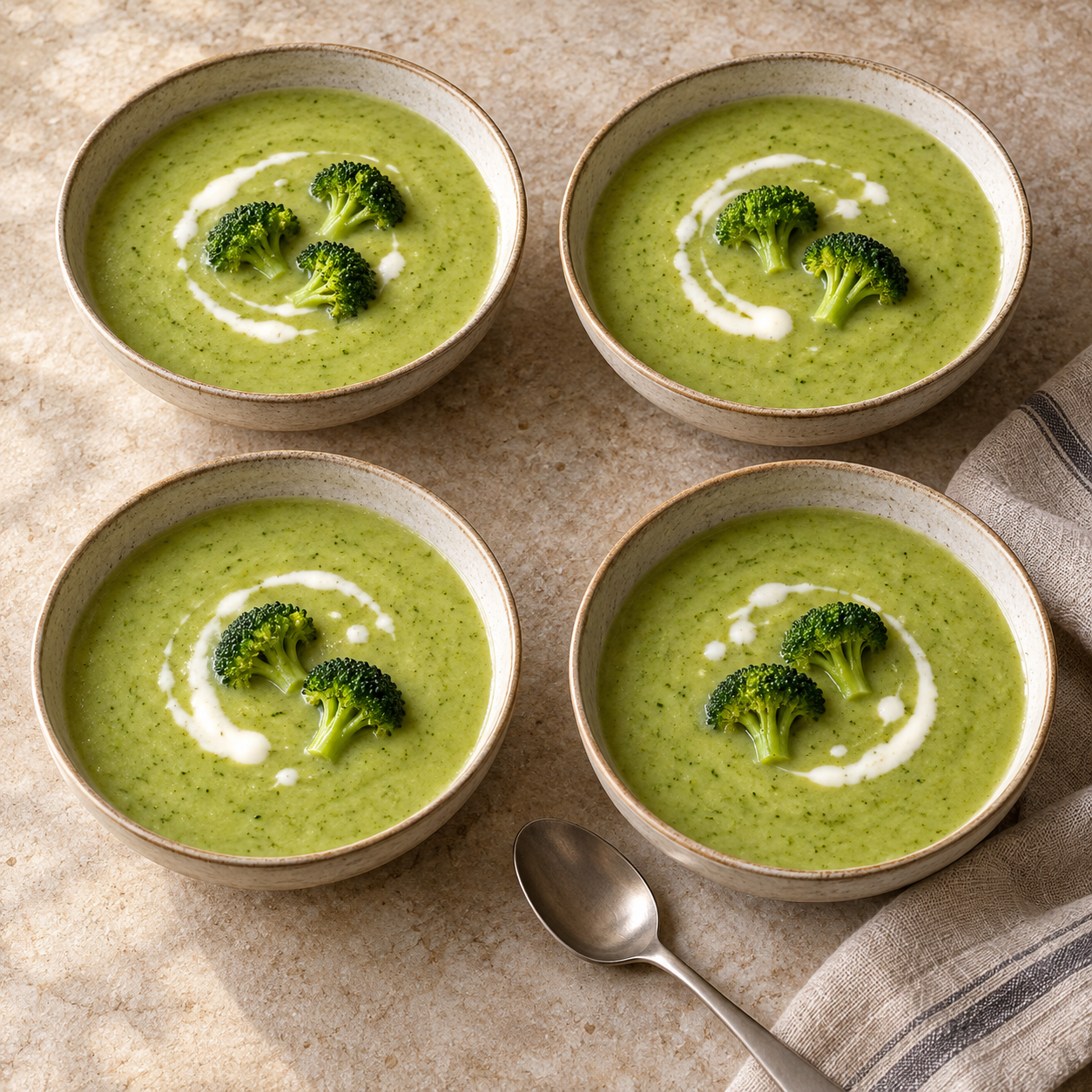 Vier Schalen cremige Brokkoli-Suppe mit grünen Röschen und Crème fraîche