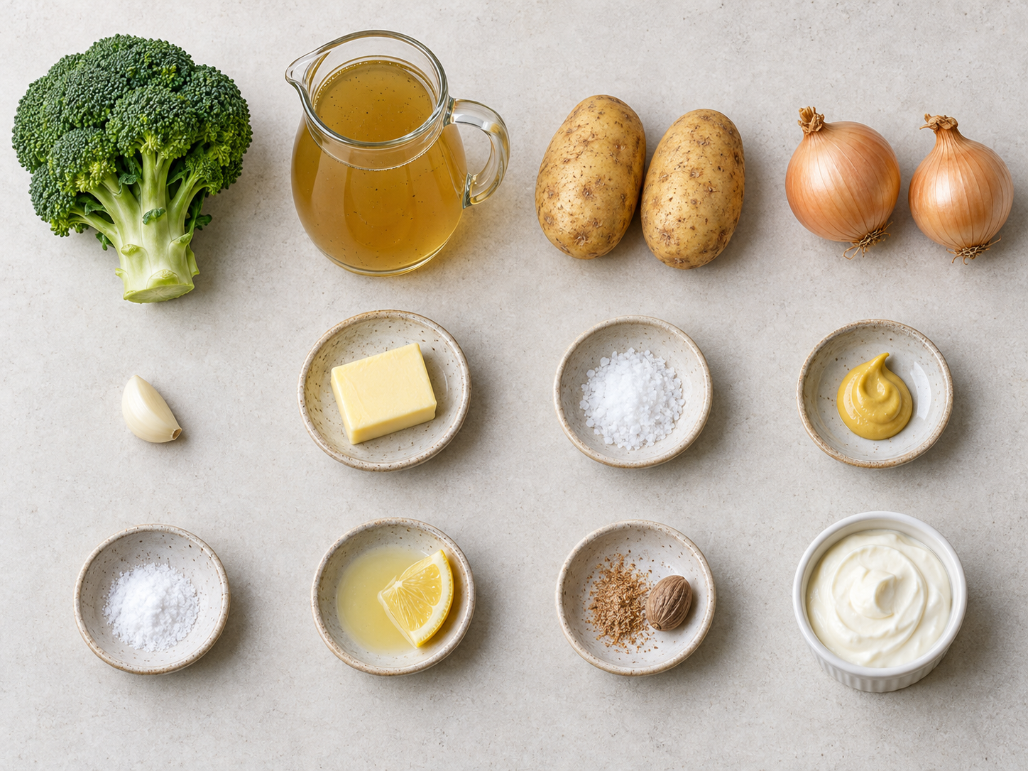 Zwölf Zutaten für vier Portionen cremige Brokkoli-Suppe