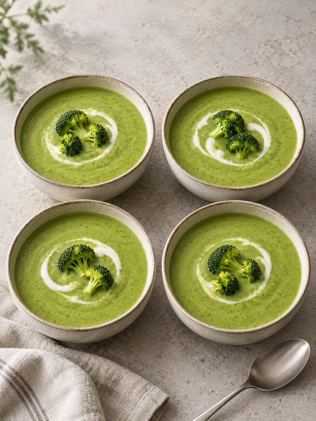 Vier Portionen cremige grüne Brokkoli-Suppe mit Crème fraîche