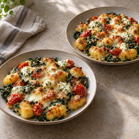 Zwei Portionen überbackener Gnocchi-Auflauf mit Spinat, Cherry-Tomaten und Mozzarella