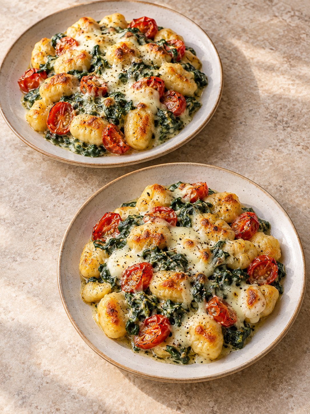 Überbackener Gnocchi-Auflauf mit Spinat, Tomaten und geschmolzenem Mozzarella
