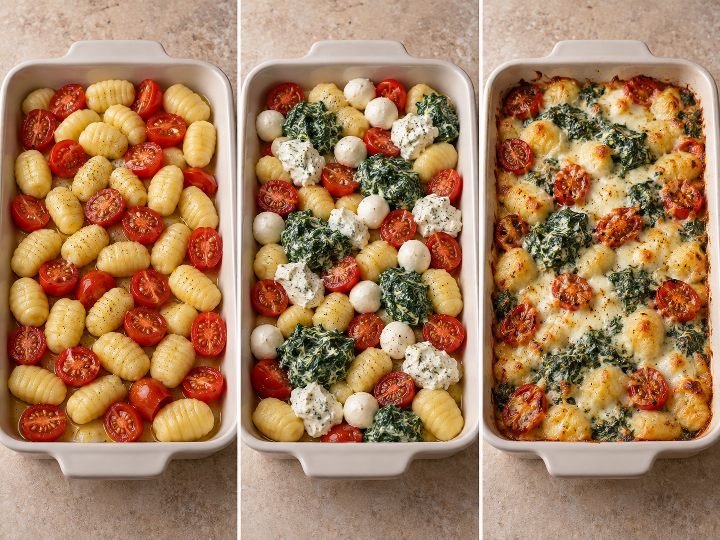 Drei Schritte für Gnocchi-Auflauf vom Verteilen bis zum Überbacken