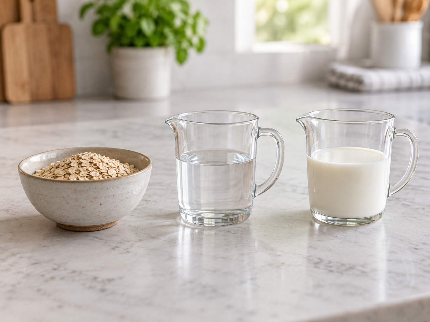 Drei Zutaten für schlichtes Porridge: Haferflocken, Wasser und Milch