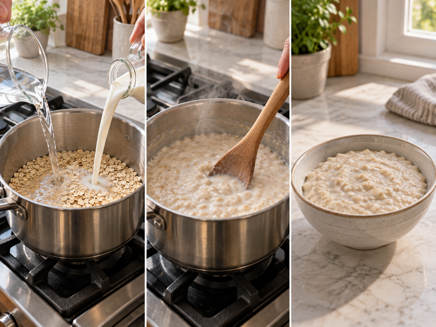 Drei Schritte für cremiges Porridge im Topf und in der Schale