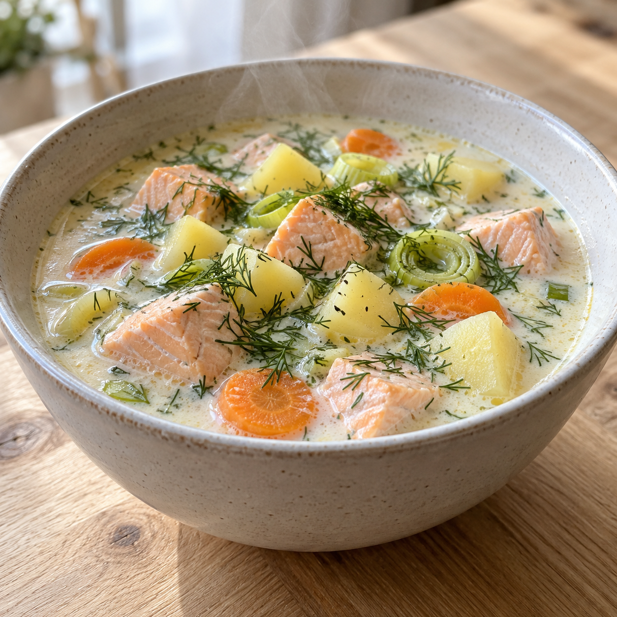 Nordische Lachssuppe mit Lachs, Kartoffeln, Möhren, Lauch und Dill