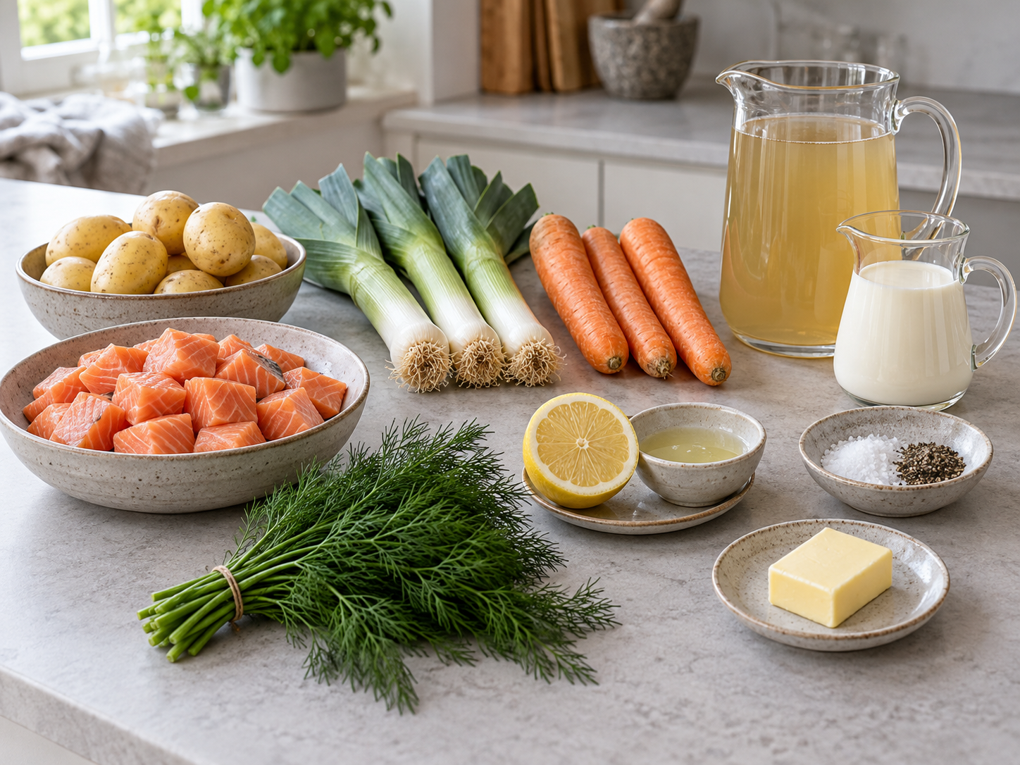 Zutaten für nordische Lachssuppe mit Lachs, Gemüse, Sahne und Dill
