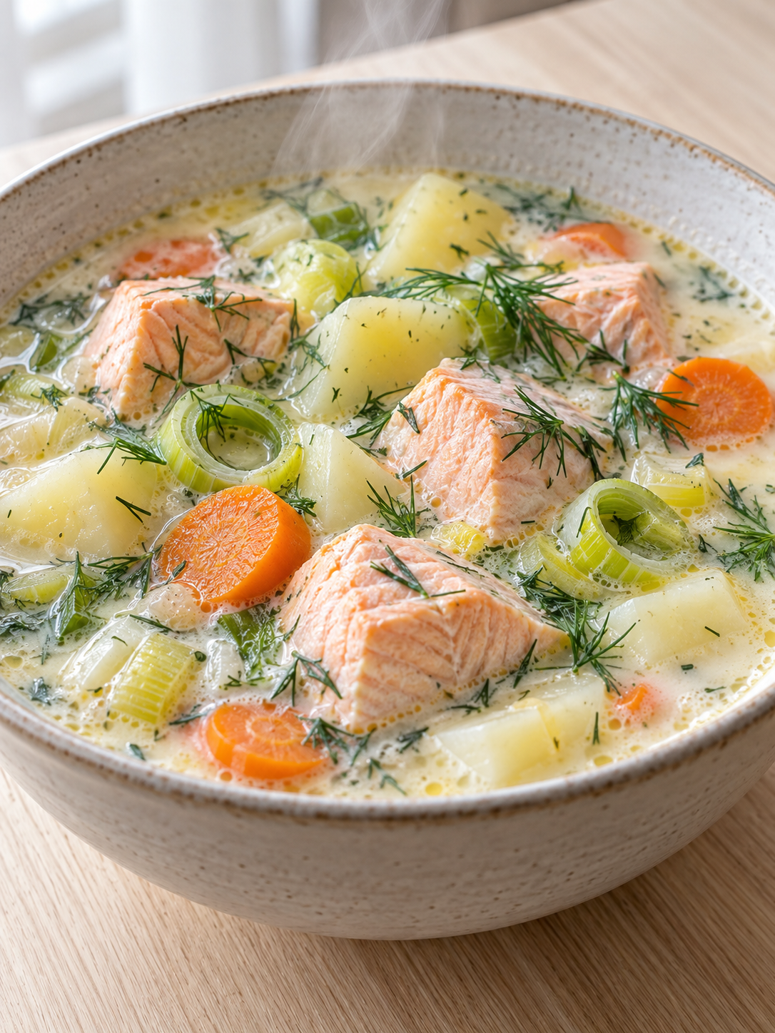 Cremige nordische Lachssuppe mit Lachs, Gemüse und Dill