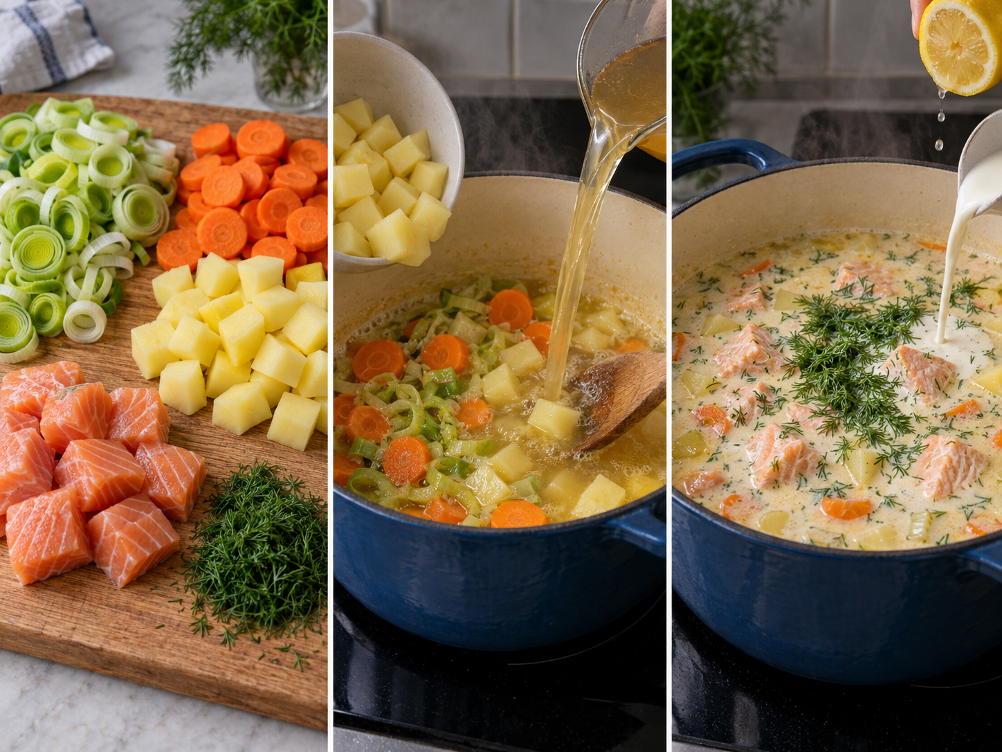 Drei Schritte für nordische Lachssuppe vom Vorbereiten bis zum Fertigstellen