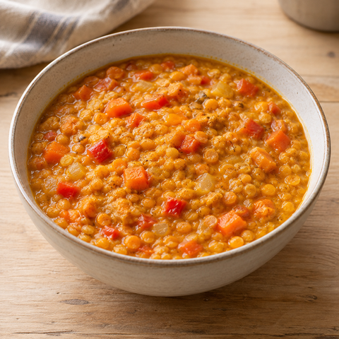 Cremiges rotes Linsen-Dal mit Karotten und Paprika in einer Schüssel