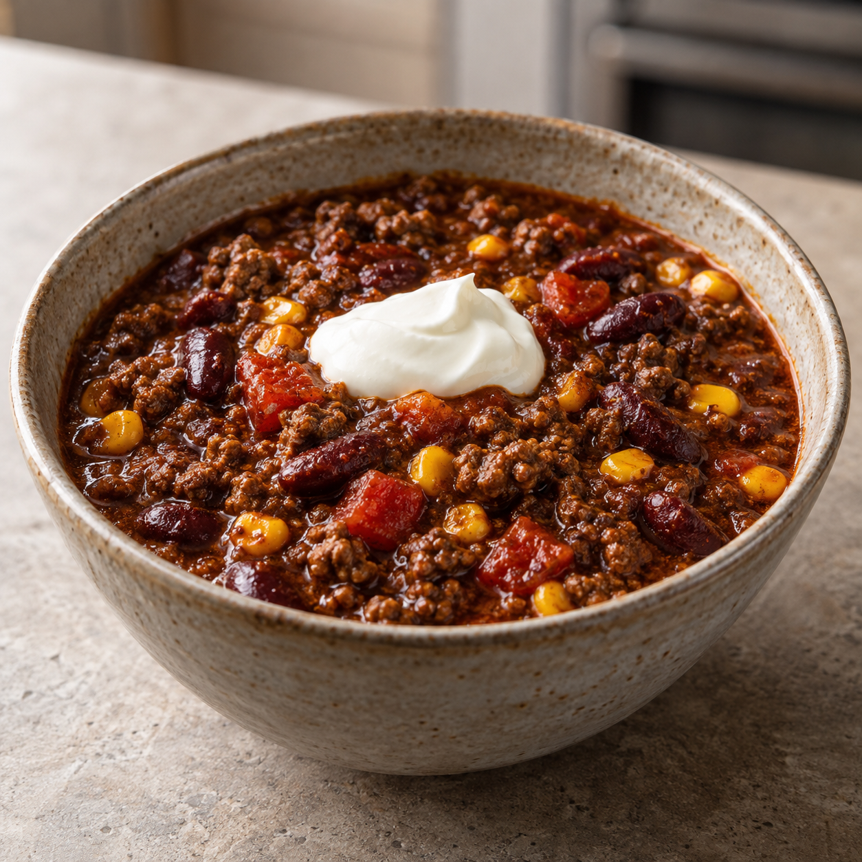 Chili con Carne mit Schokolade, Kidneybohnen und Mais in einer Schüssel