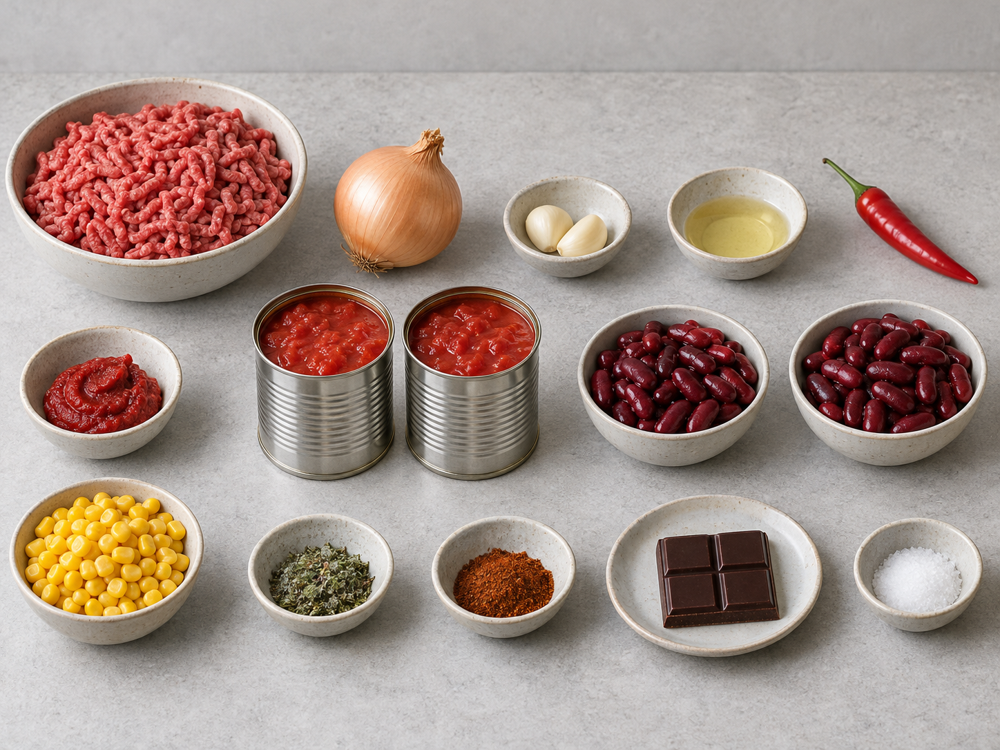 Dreizehn Zutaten für Chili con Carne mit Schokolade