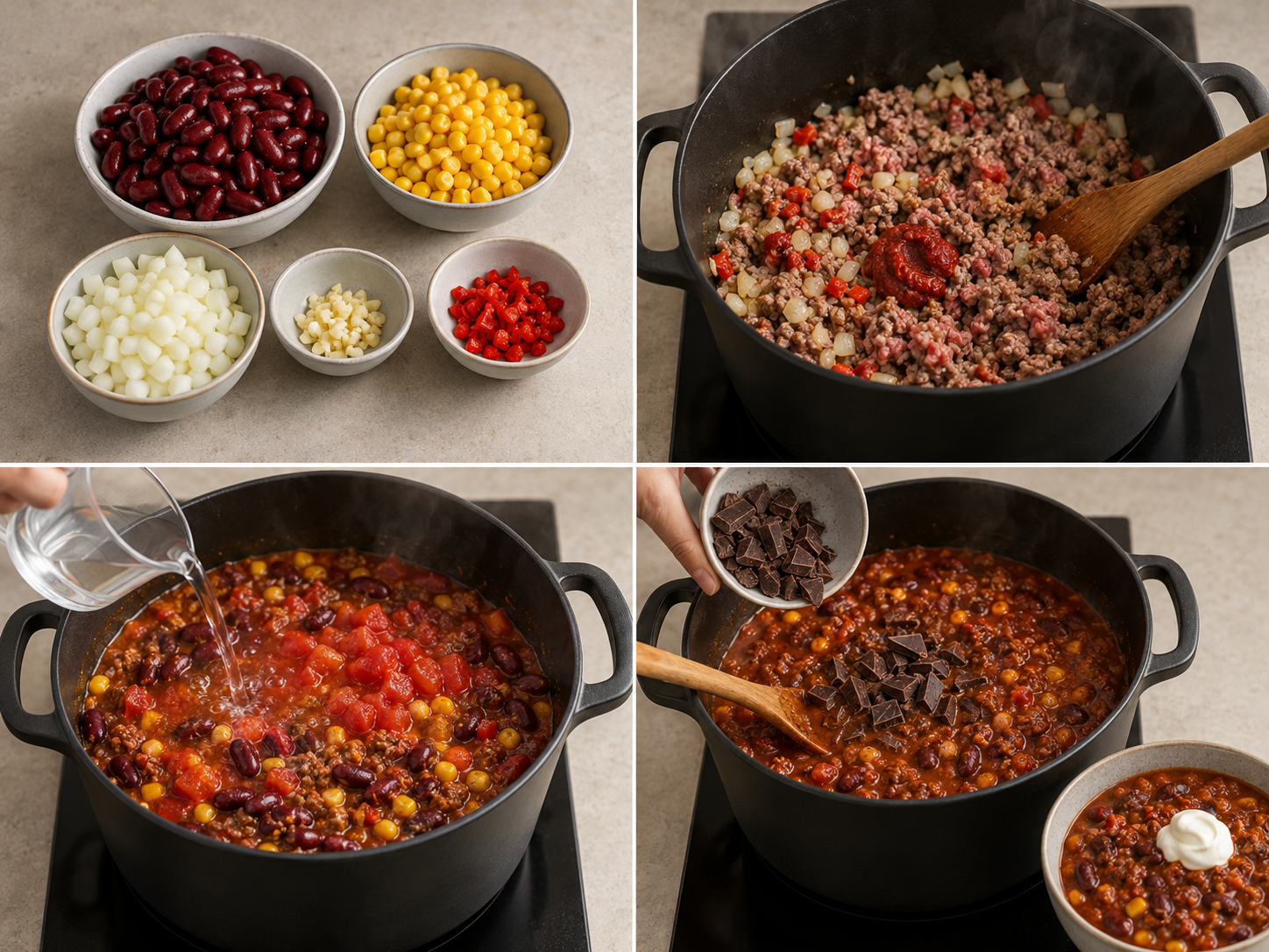 Vier Zubereitungsschritte für Chili con Carne mit Schokolade