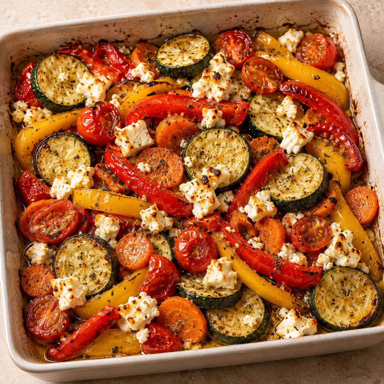 Ofengemüse mit Feta aus Zucchini, Paprika, Möhre und Cherrytomaten