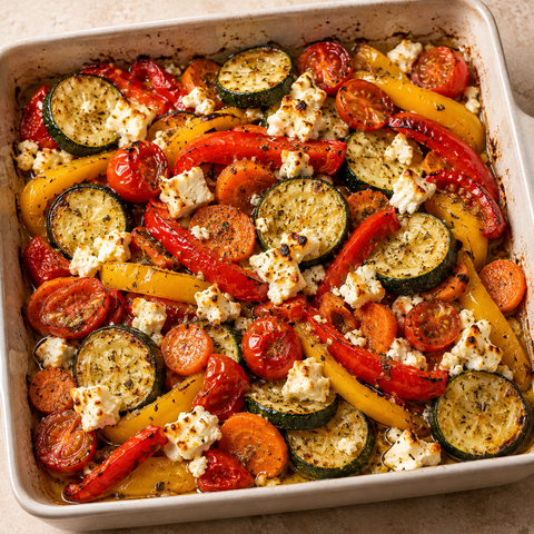 Ofengemüse mit Feta aus Zucchini, Paprika, Möhre und Cherrytomaten