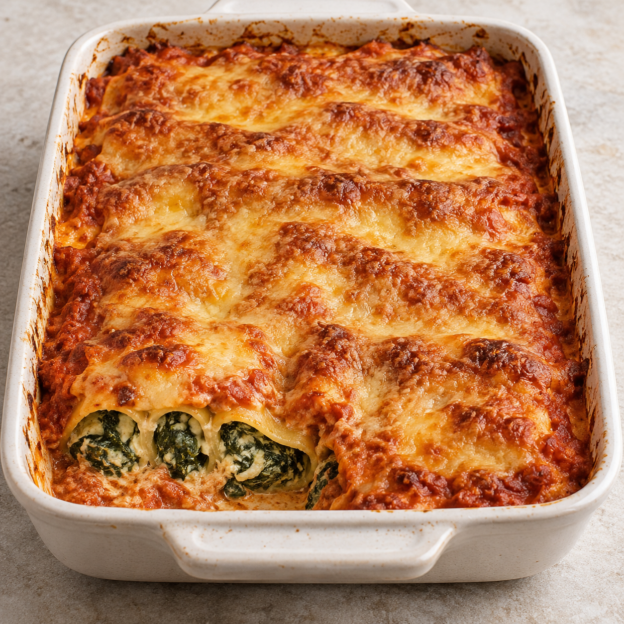 Überbackene Cannelloni mit cremiger Spinatfüllung und Gouda