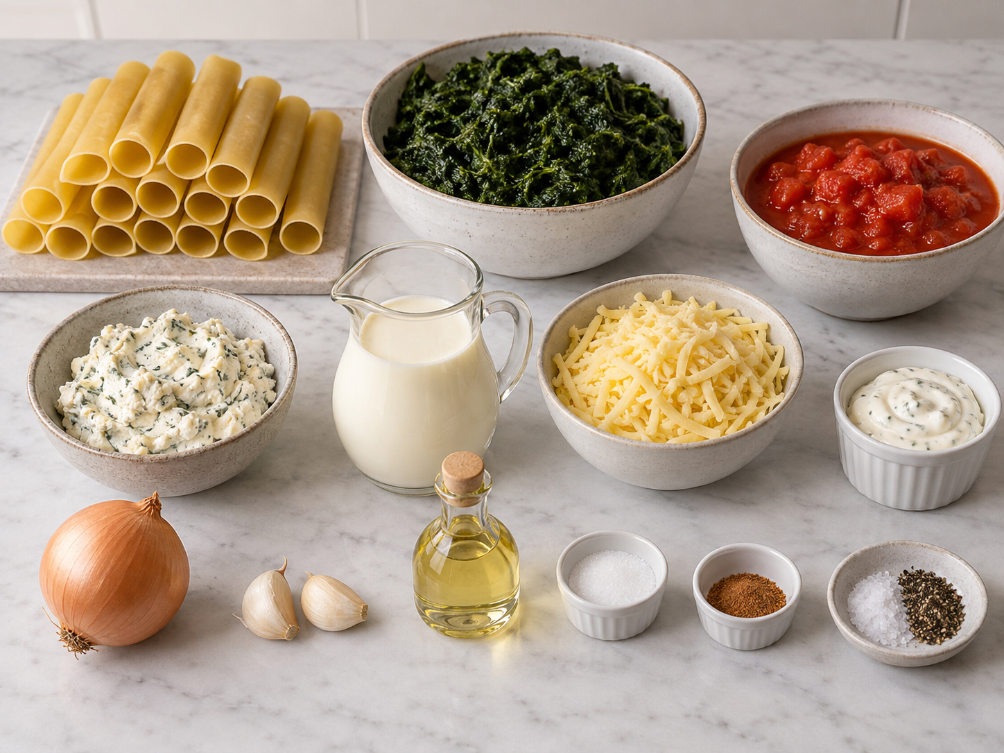 Zutaten für Cannelloni mit Spinat auf heller Küchenfläche