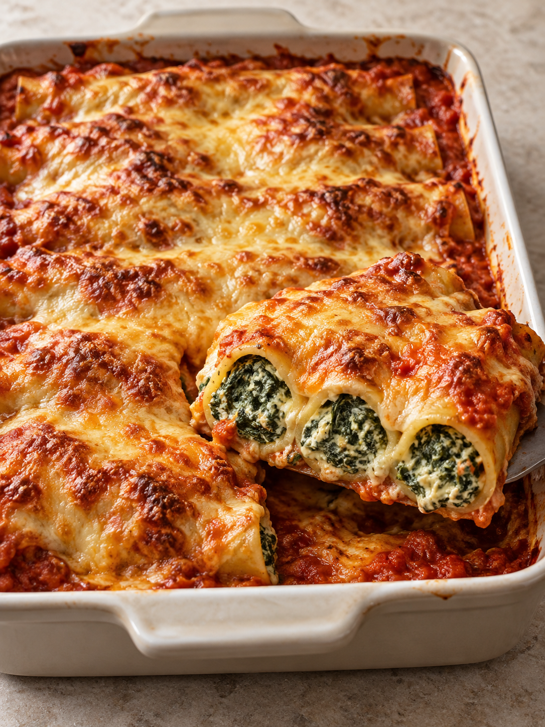 Spinat-Cannelloni-Auflauf mit goldener Käsekruste