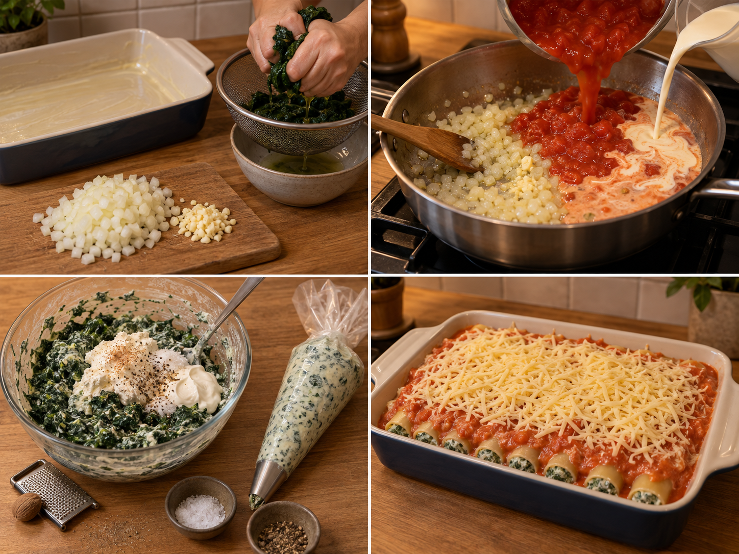 Vier Zubereitungsschritte für Cannelloni mit Spinat