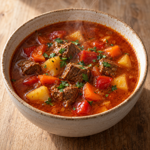 Omas ungarische Gulaschsuppe mit Rindfleisch, Kartoffeln und Paprika