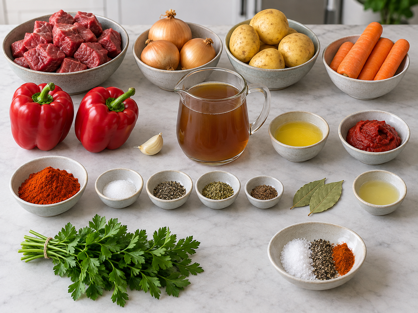 Zutaten für ungarische Gulaschsuppe mit Rindfleisch und Gemüse