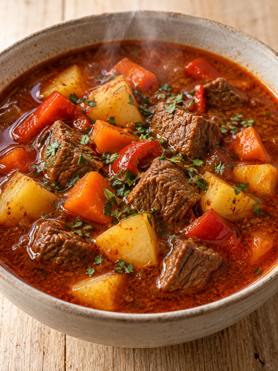 Ungarische Gulaschsuppe mit Rindfleisch, Kartoffeln und Paprika