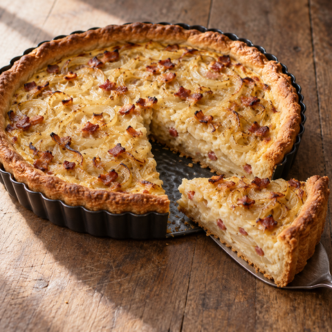 Goldbrauner klassischer Zwiebelkuchen mit cremigem Zwiebel-Speck-Belag