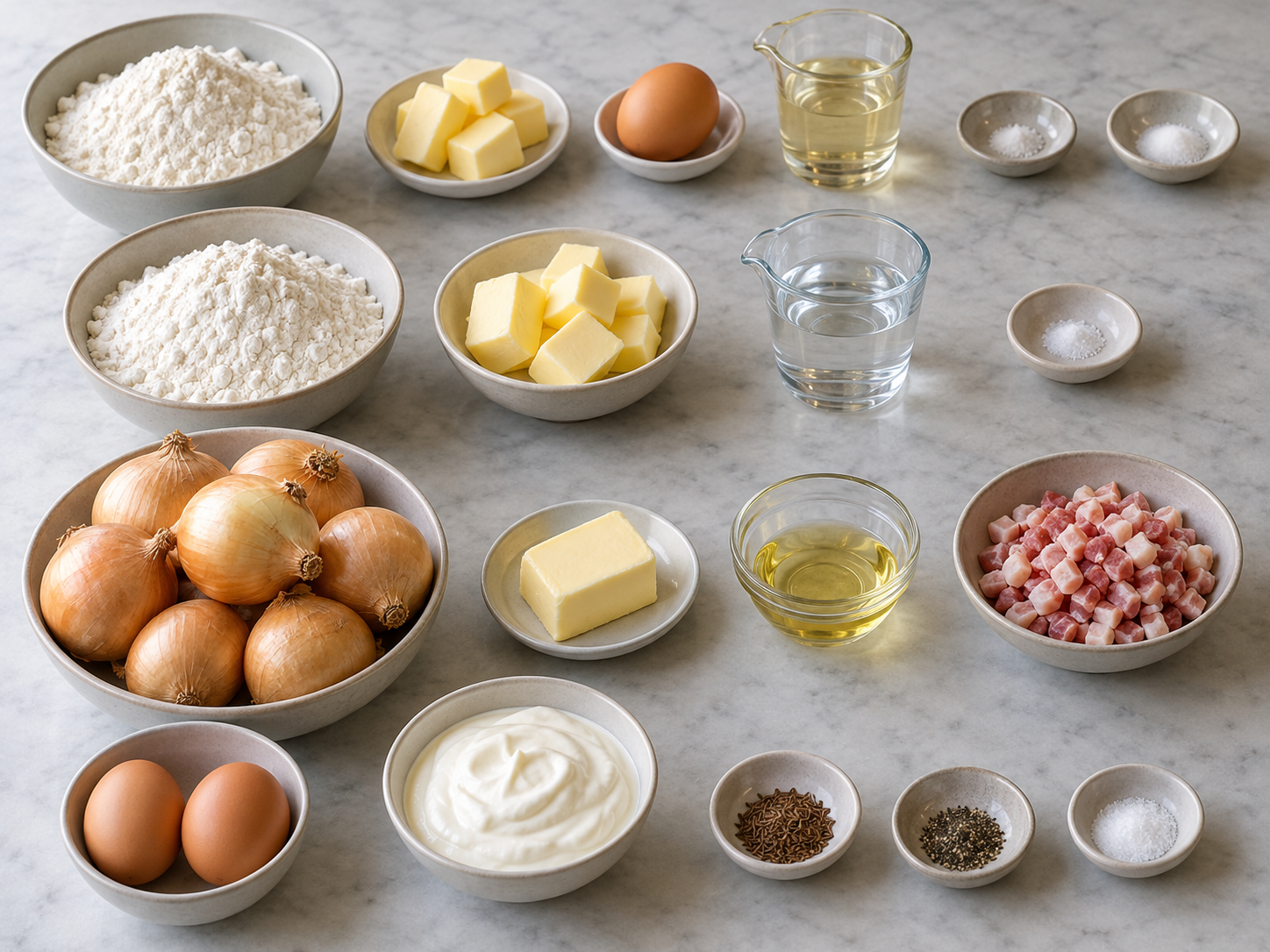 Neunzehn Zutatenstationen für klassischen Zwiebelkuchen