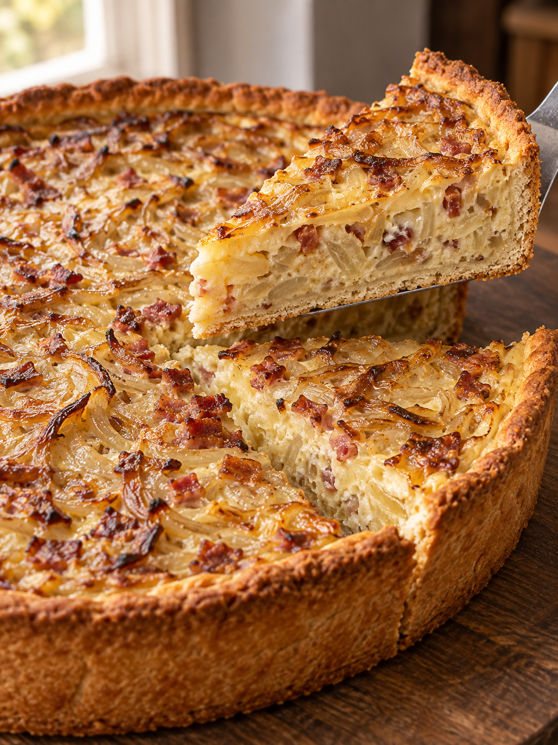 Klassischer Zwiebelkuchen mit goldbraunem Rand und cremiger Füllung