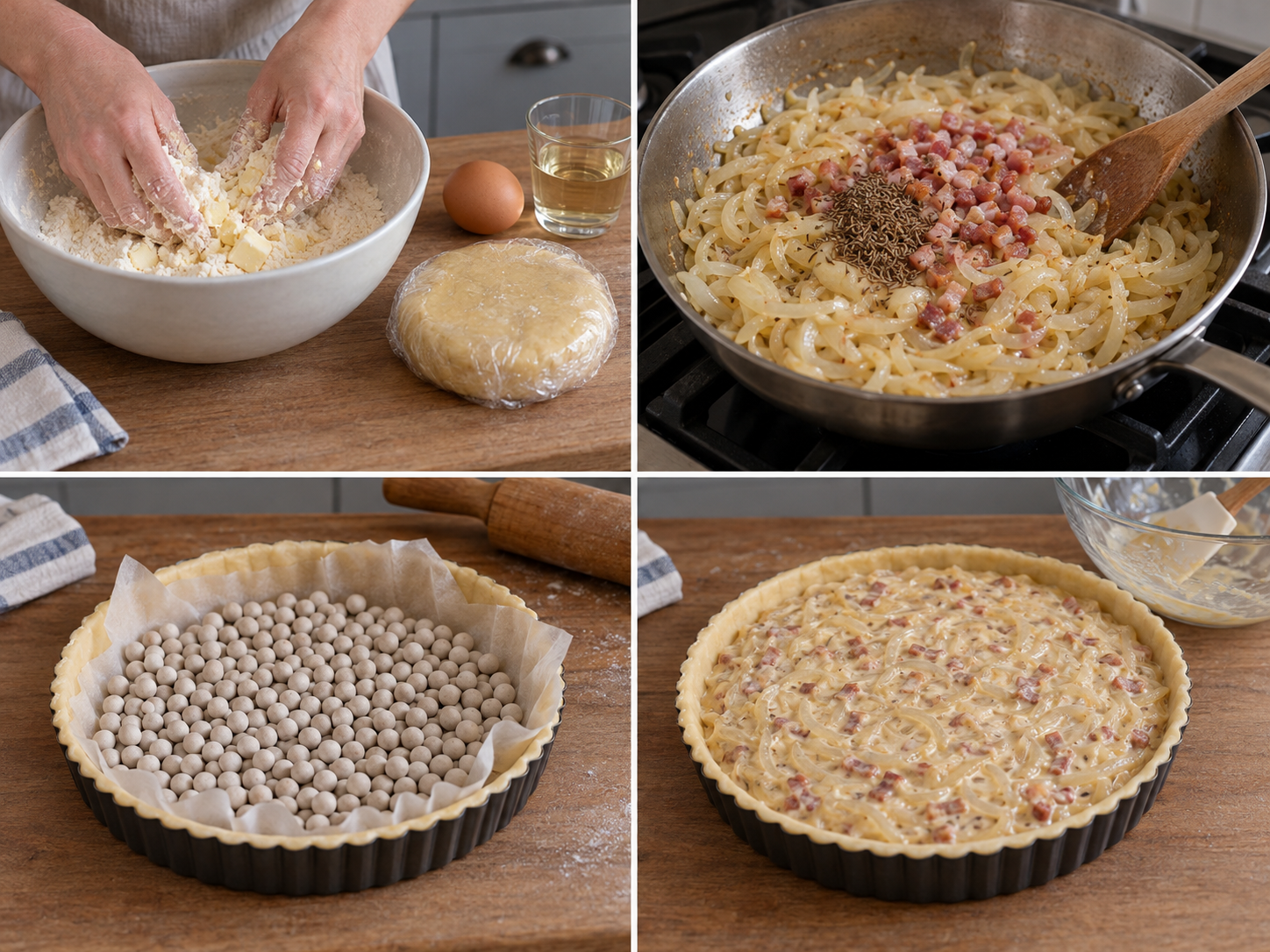 Vier Zubereitungsschritte für klassischen Zwiebelkuchen