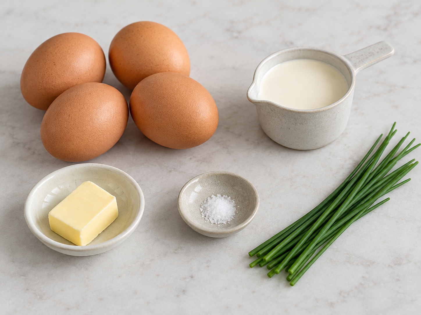 Vier Eier, Sahne, Butter, Salz und Schnittlauch für Rührei