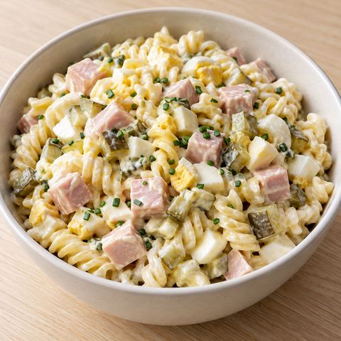 Klassischer Nudelsalat mit Mayo, Fleischwurst, Ei und Gewürzgurken