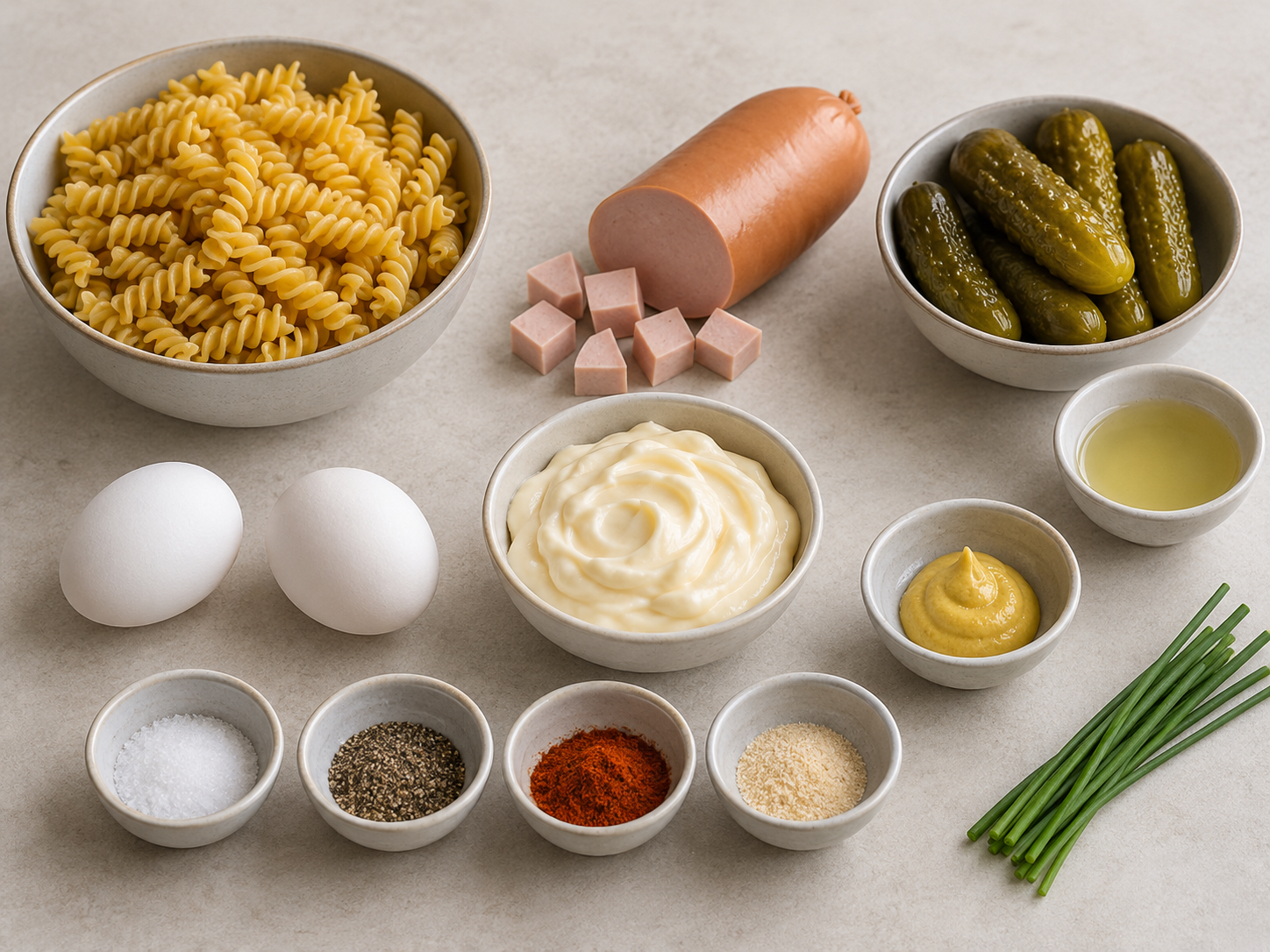Zutaten für Nudelsalat mit Fusilli, Fleischwurst, Gurken, Ei und Mayo