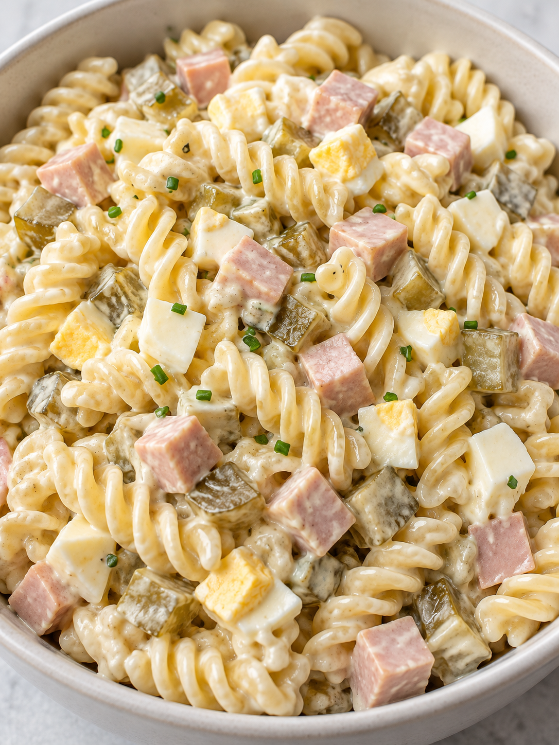 Cremiger Nudelsalat mit Mayo, Fleischwurst, Ei und Gewürzgurken